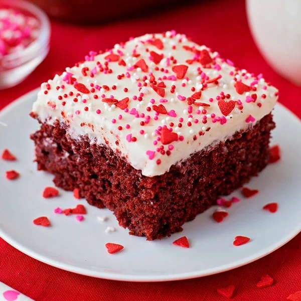 Red Velvet poke cake close up image.